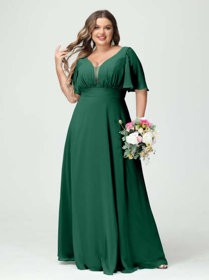 Plus Size Chiffon Bridesmaid Dresses with Pockets in A-Line/Princess V-Neck Half Sleeves