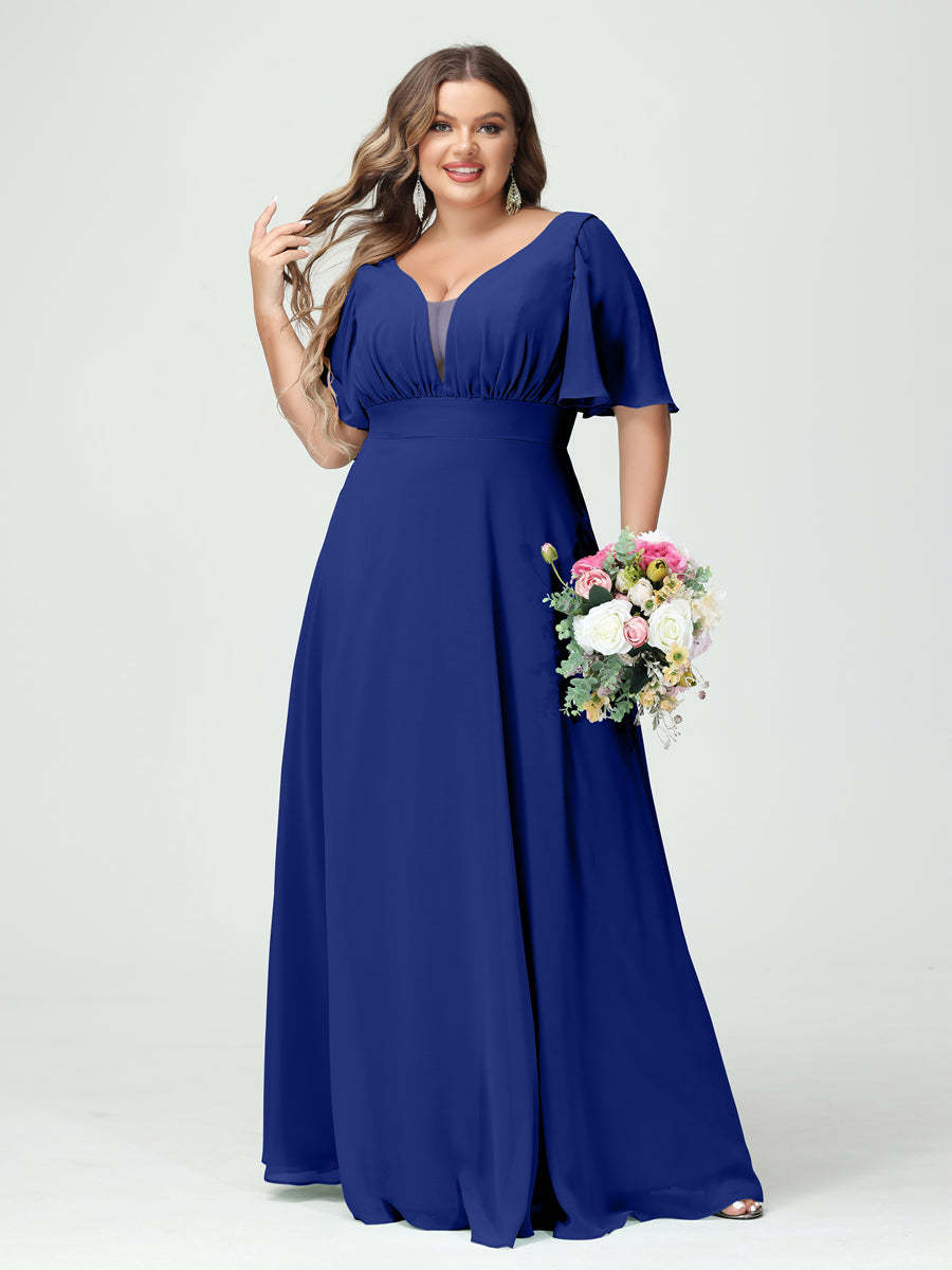 Plus Size Chiffon Bridesmaid Dresses with Pockets in A-Line/Princess V-Neck Half Sleeves