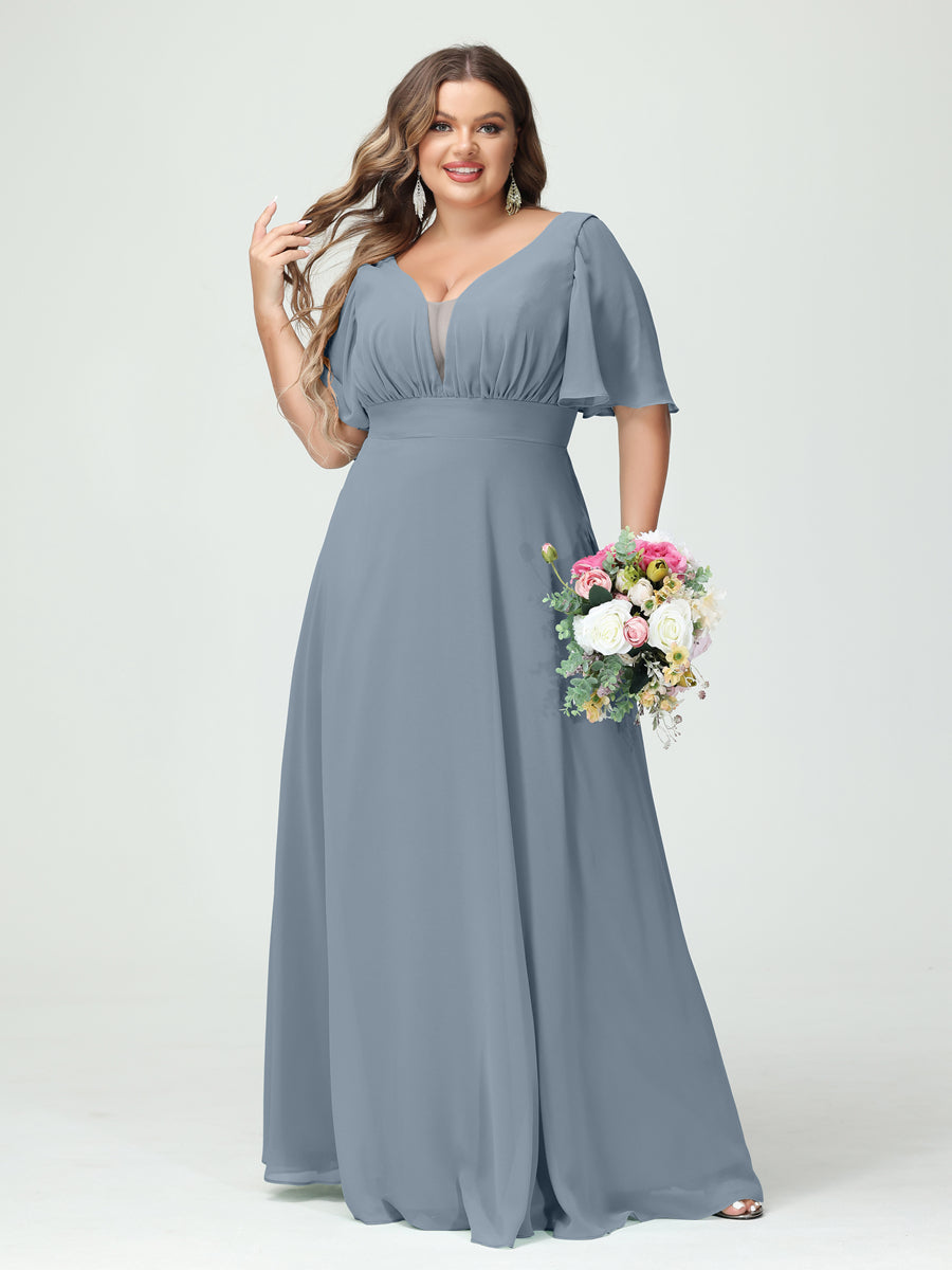 Plus Size Chiffon Bridesmaid Dresses with Pockets in A-Line/Princess V-Neck Half Sleeves