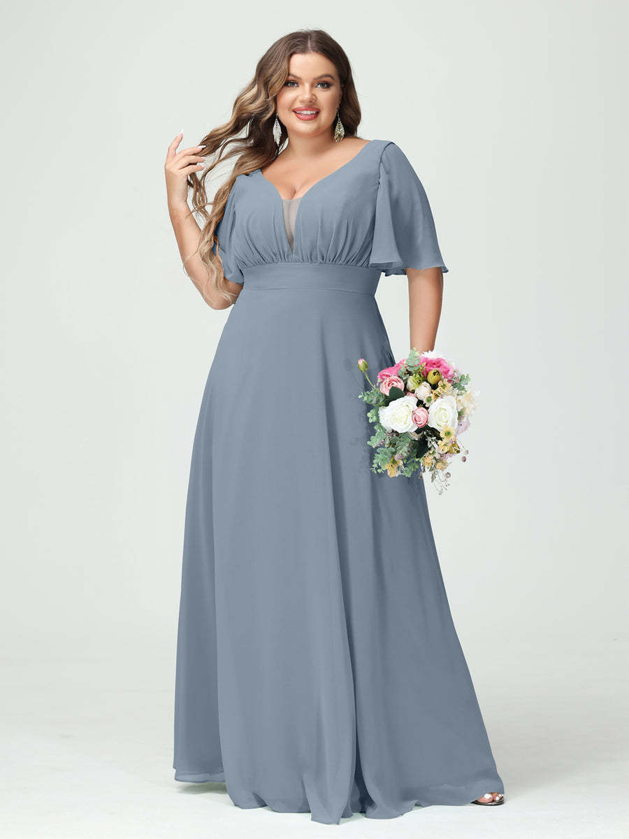 Plus Size Chiffon Bridesmaid Dresses with Pockets in A-Line/Princess V-Neck Half Sleeves