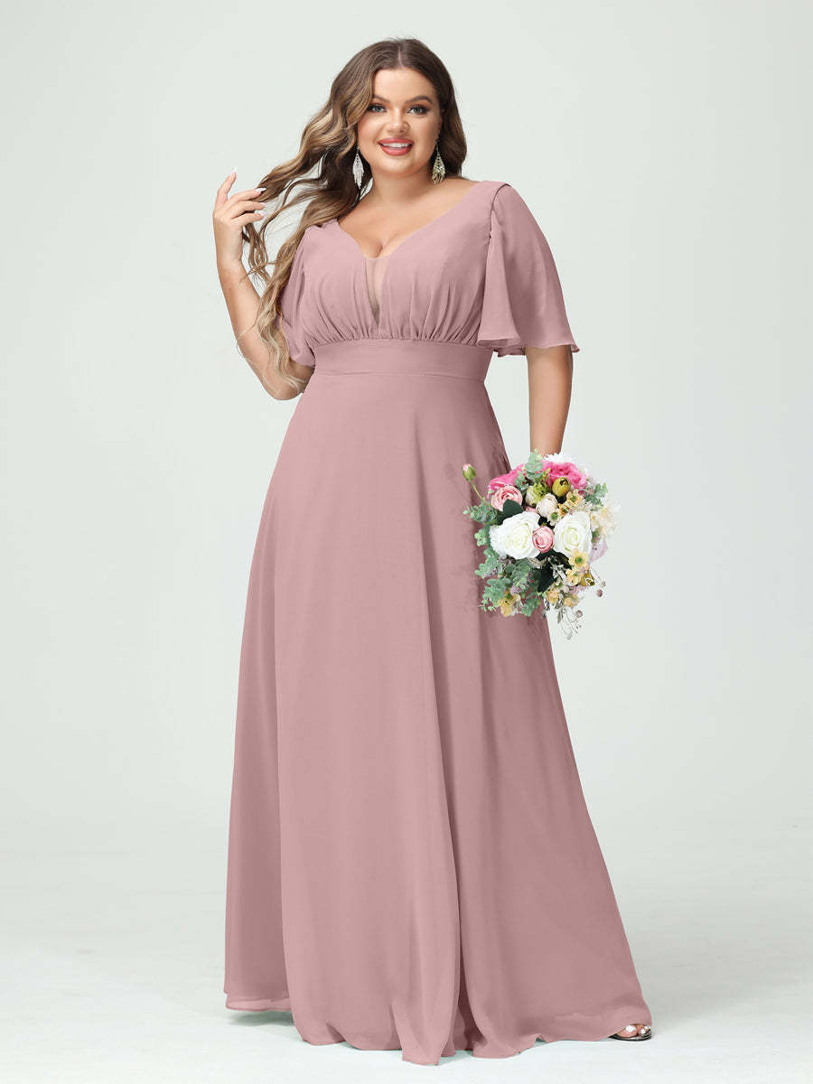 Plus Size Chiffon Bridesmaid Dresses with Pockets in A-Line/Princess V-Neck Half Sleeves
