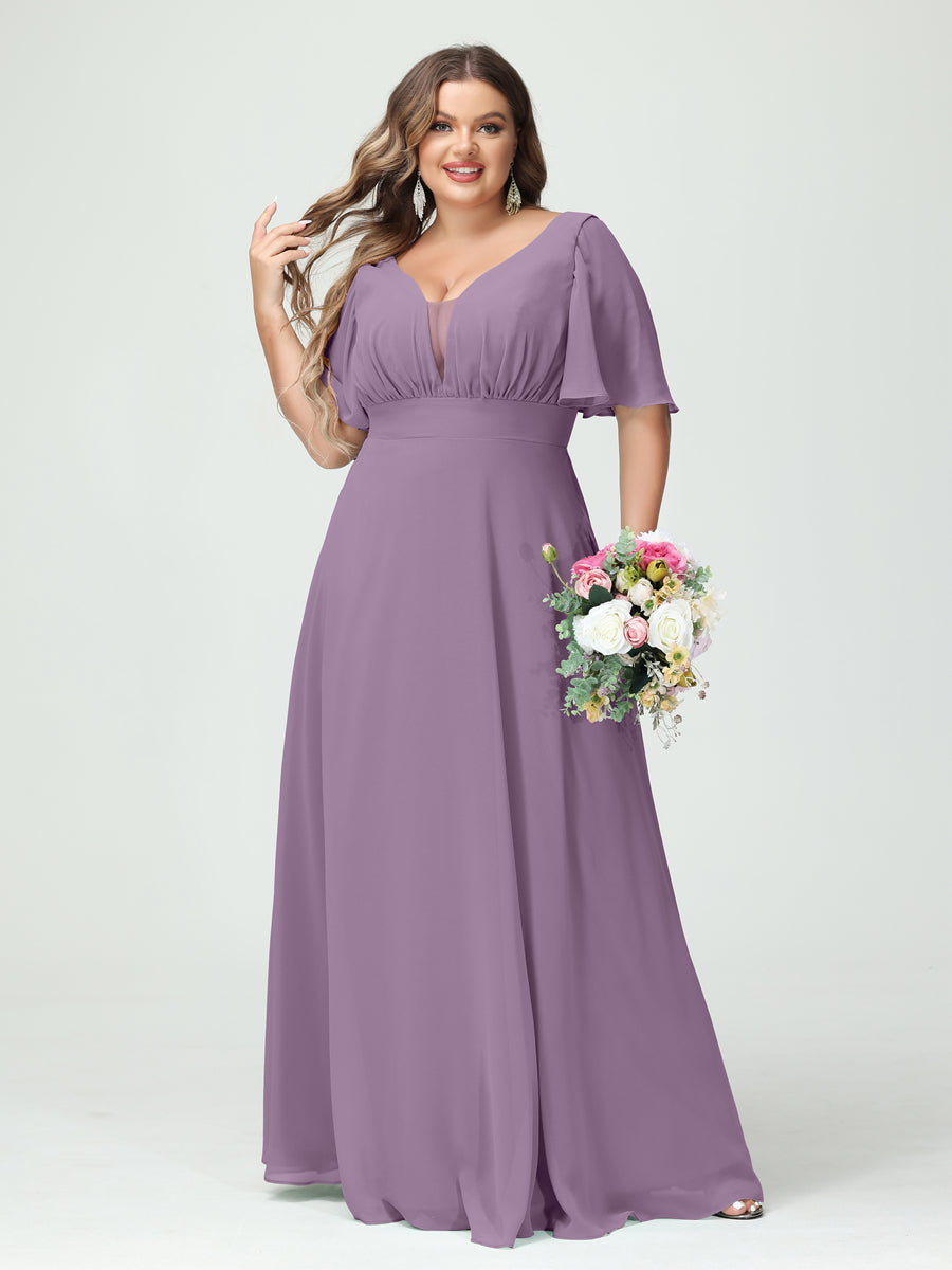 Plus Size Chiffon Bridesmaid Dresses with Pockets in A-Line/Princess V-Neck Half Sleeves