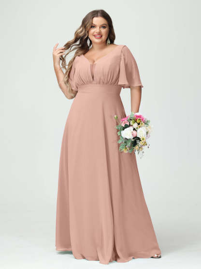 Plus Size Chiffon Bridesmaid Dresses with Pockets in A-Line/Princess V-Neck Half Sleeves