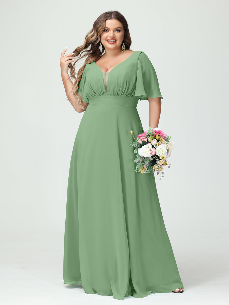 Plus Size Chiffon Bridesmaid Dresses with Pockets in A-Line/Princess V-Neck Half Sleeves