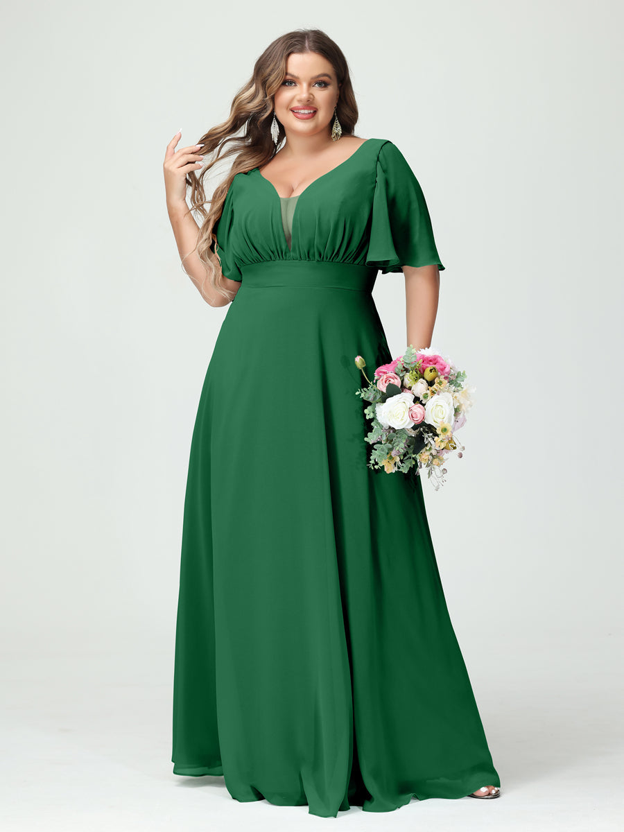 Plus Size Chiffon Bridesmaid Dresses with Pockets in A-Line/Princess V-Neck Half Sleeves