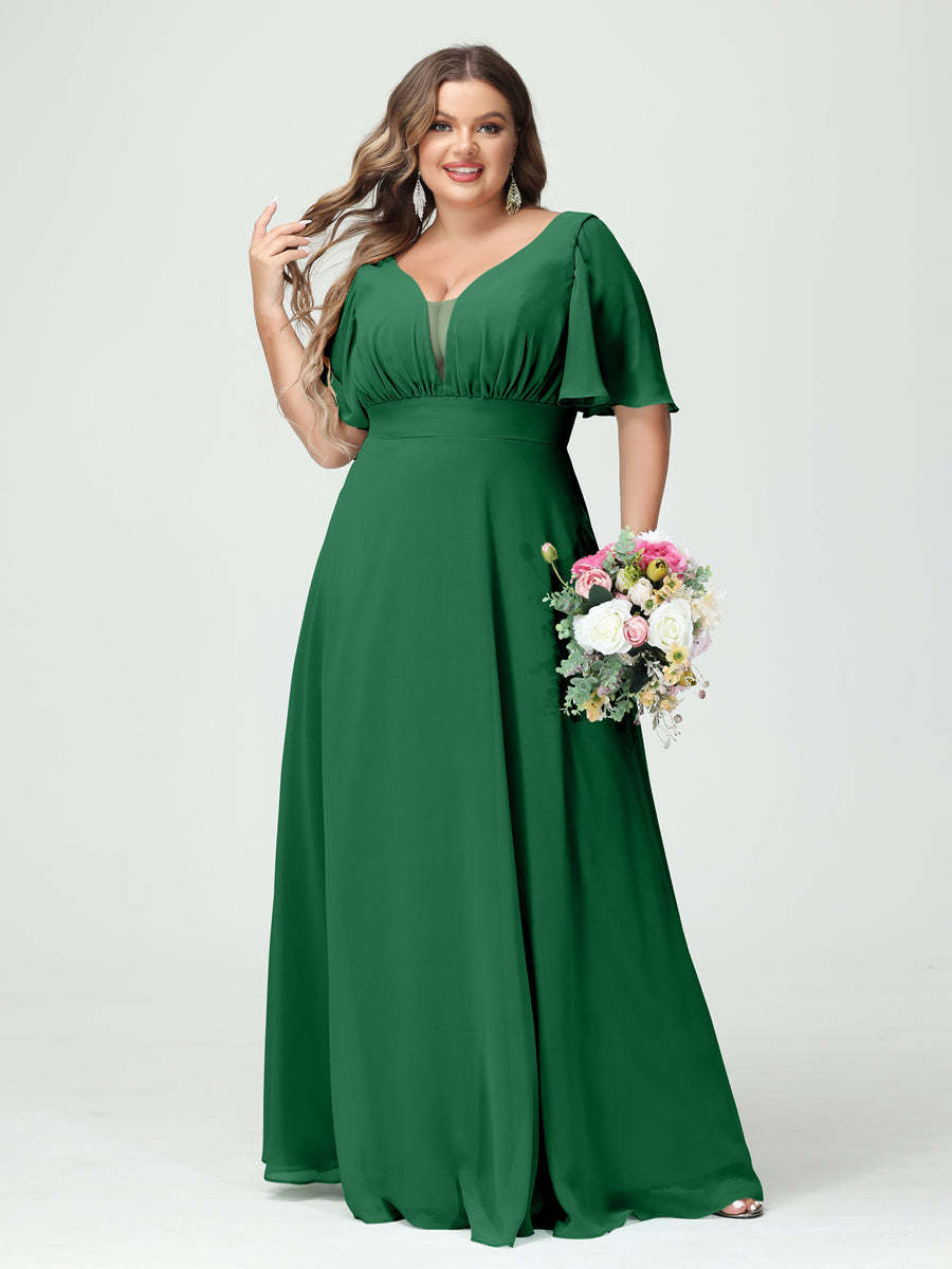 Plus Size Chiffon Bridesmaid Dresses with Pockets in A-Line/Princess V-Neck Half Sleeves