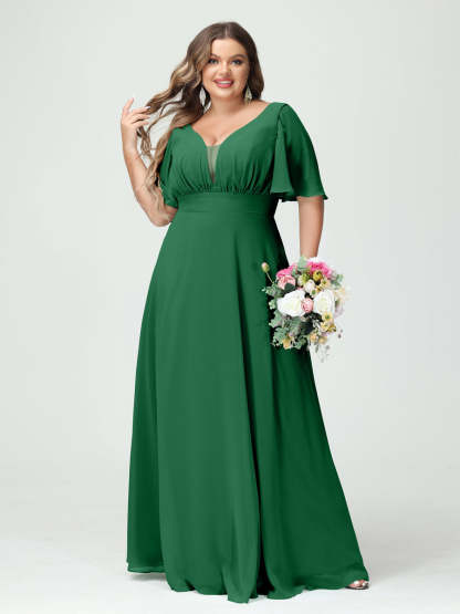 Plus Size Chiffon Bridesmaid Dresses with Pockets in A-Line/Princess V-Neck Half Sleeves