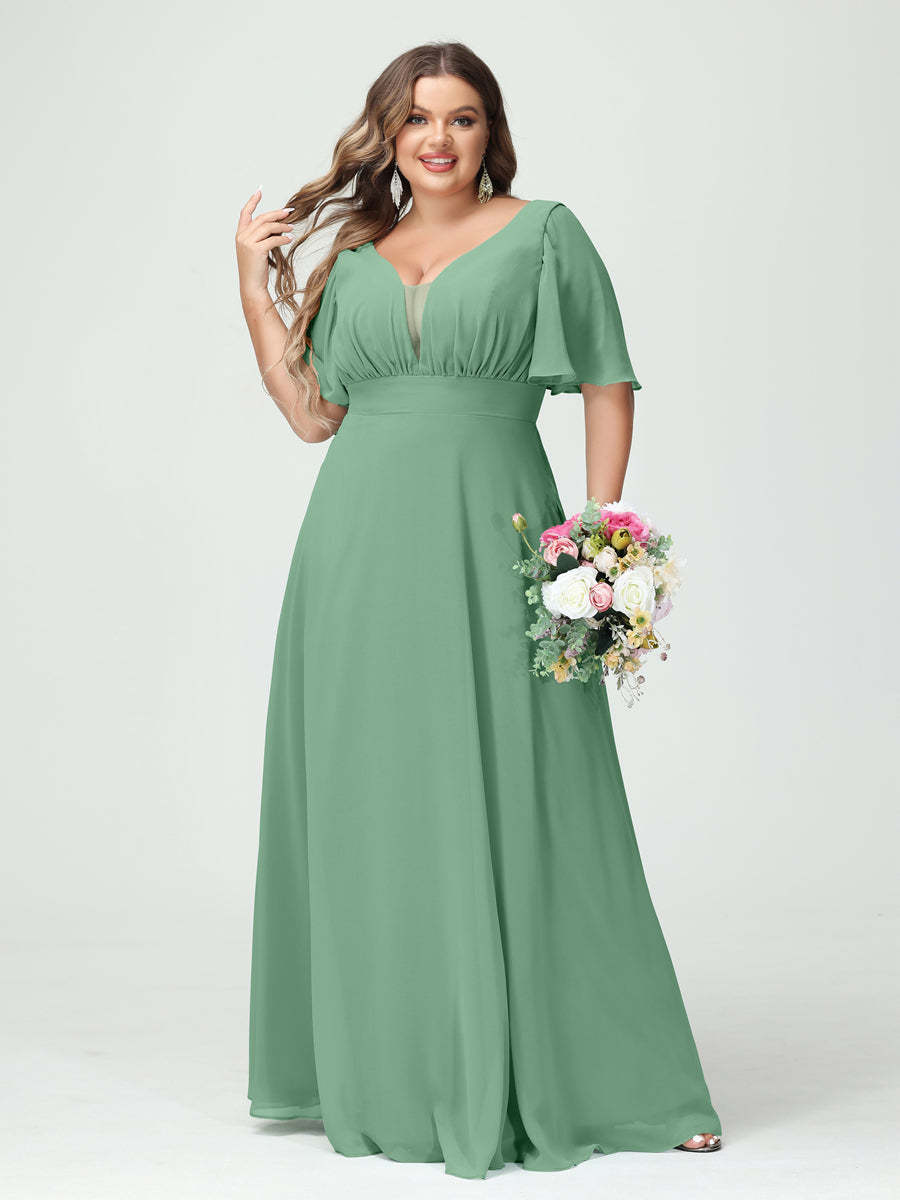 Plus Size Chiffon Bridesmaid Dresses with Pockets in A-Line/Princess V-Neck Half Sleeves