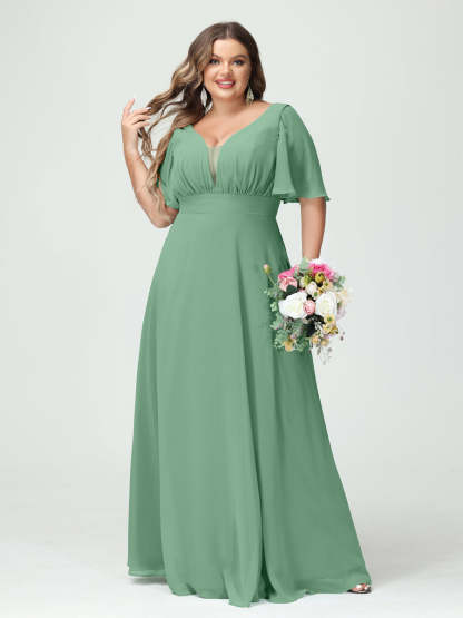 Plus Size Chiffon Bridesmaid Dresses with Pockets in A-Line/Princess V-Neck Half Sleeves