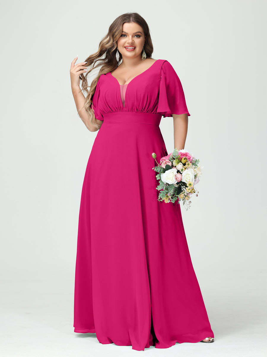 Plus Size Chiffon Bridesmaid Dresses with Pockets in A-Line/Princess V-Neck Half Sleeves