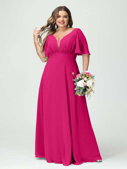 Plus Size Chiffon Bridesmaid Dresses with Pockets in A-Line/Princess V-Neck Half Sleeves