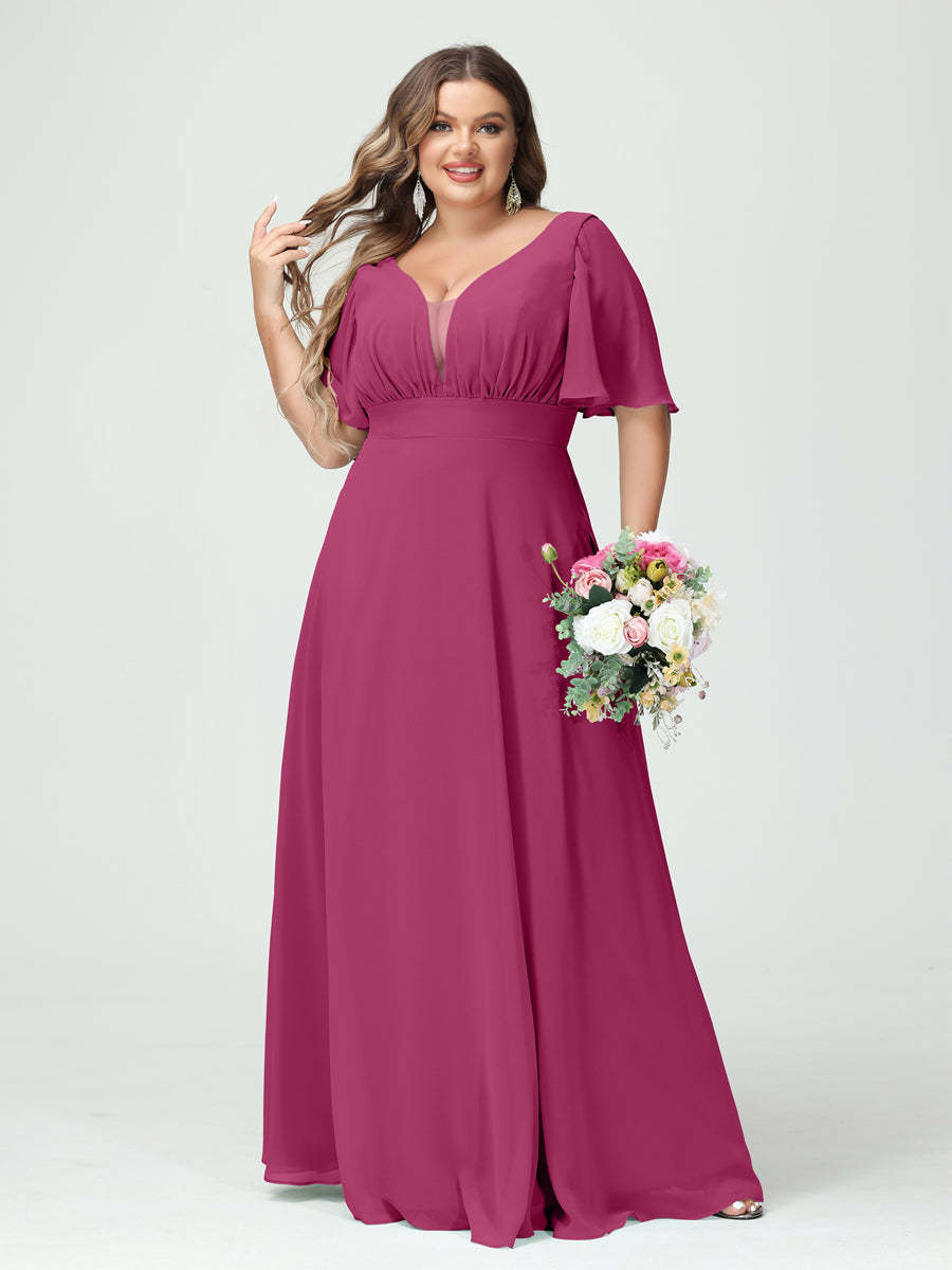 Plus Size Chiffon Bridesmaid Dresses with Pockets in A-Line/Princess V-Neck Half Sleeves