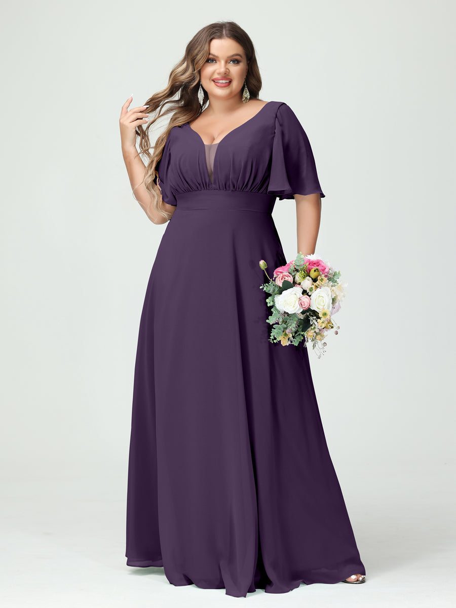 Plus Size Chiffon Bridesmaid Dresses with Pockets in A-Line/Princess V-Neck Half Sleeves