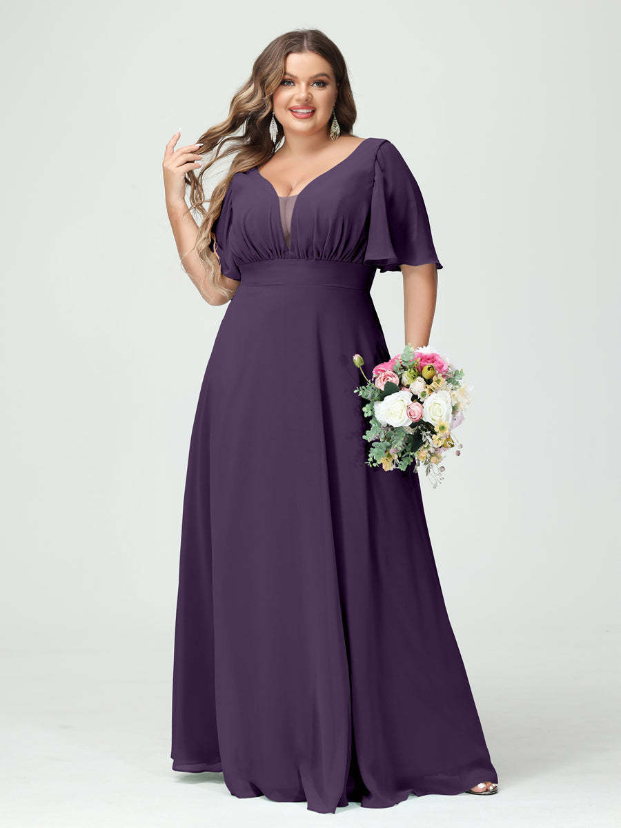 Plus Size Chiffon Bridesmaid Dresses with Pockets in A-Line/Princess V-Neck Half Sleeves
