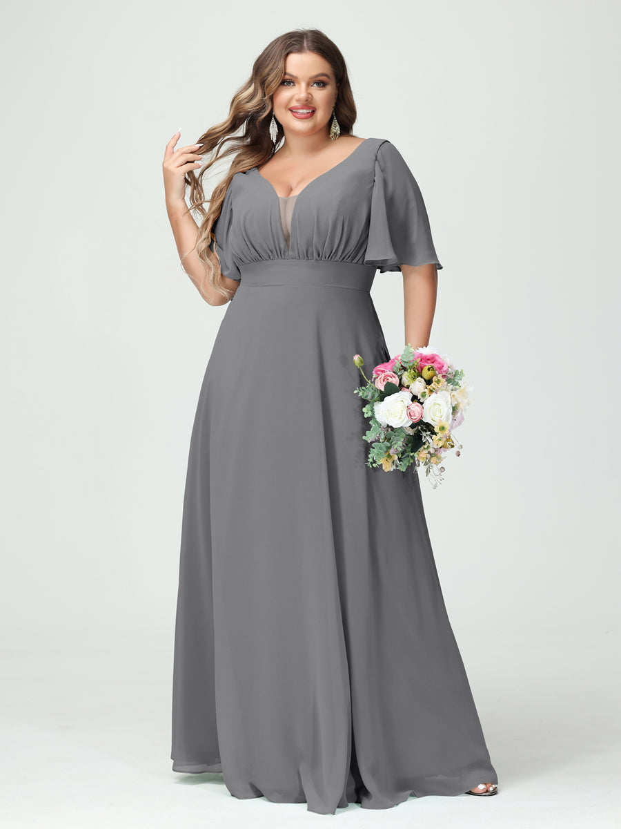 Plus Size Chiffon Bridesmaid Dresses with Pockets in A-Line/Princess V-Neck Half Sleeves