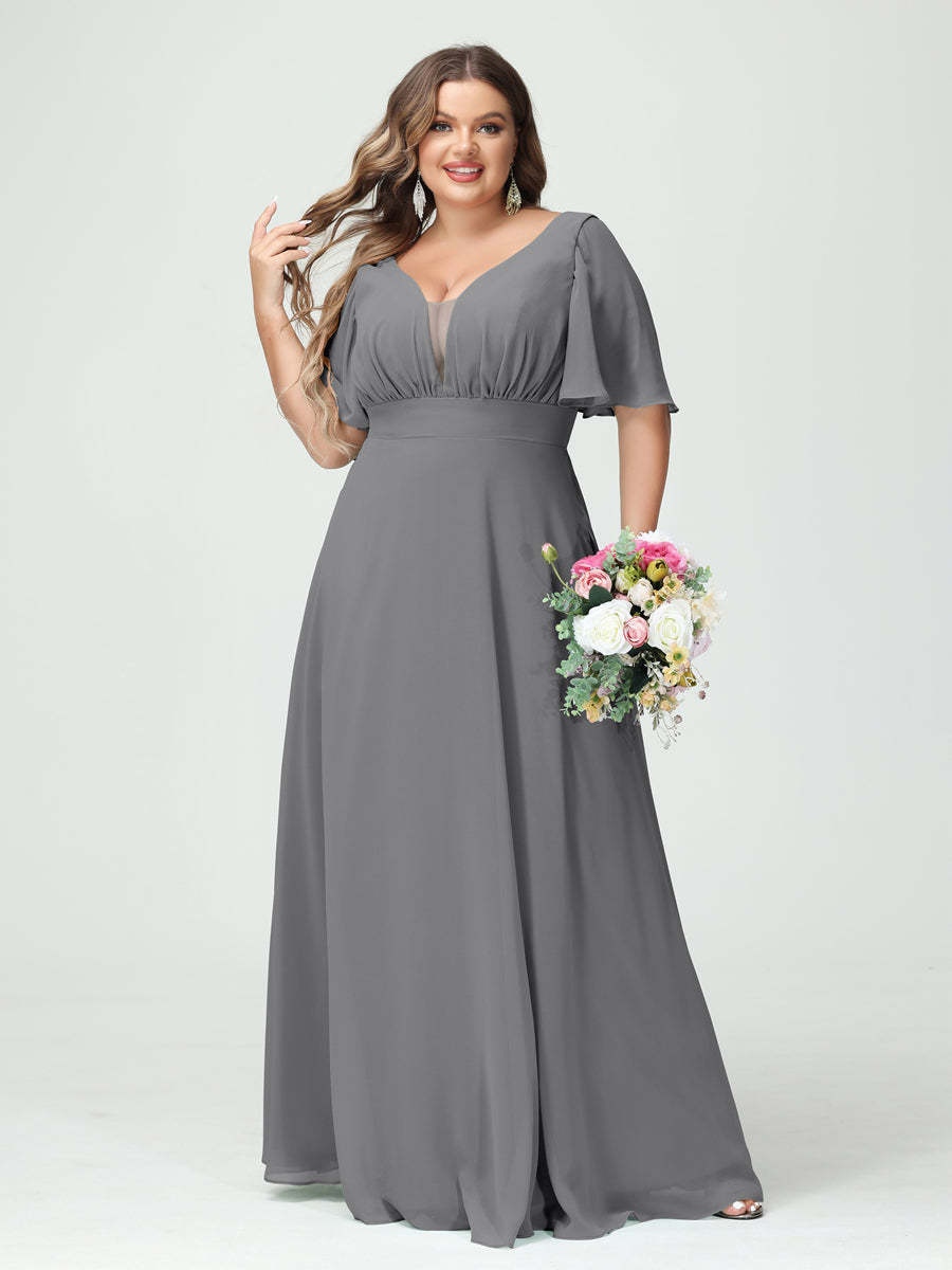 Plus Size Chiffon Bridesmaid Dresses with Pockets in A-Line/Princess V-Neck Half Sleeves
