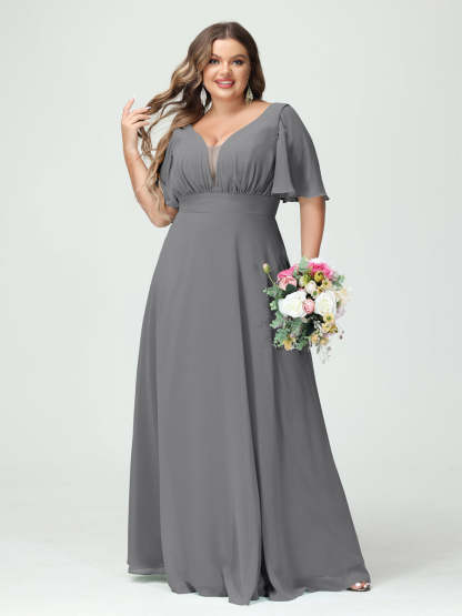 Plus Size Chiffon Bridesmaid Dresses with Pockets in A-Line/Princess V-Neck Half Sleeves
