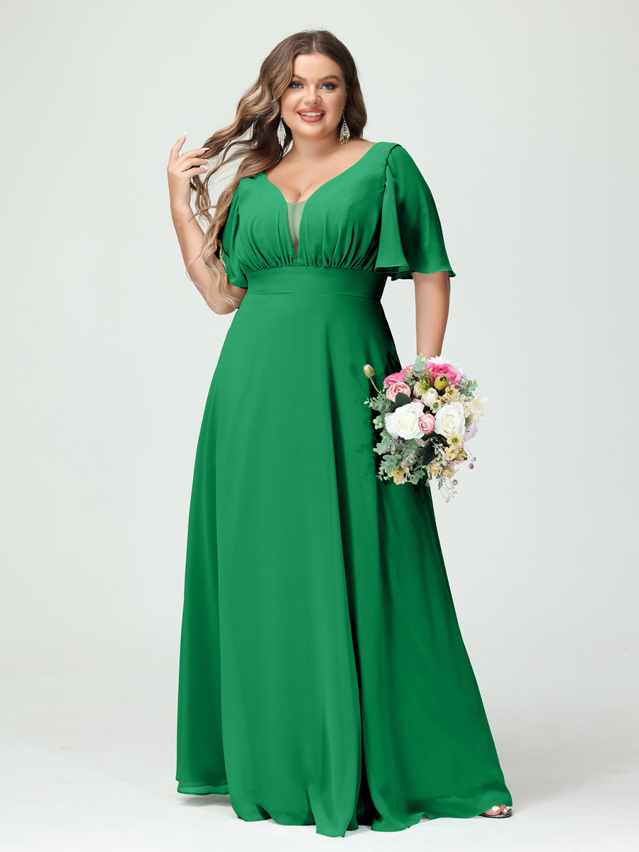 Plus Size Chiffon Bridesmaid Dresses with Pockets in A-Line/Princess V-Neck Half Sleeves