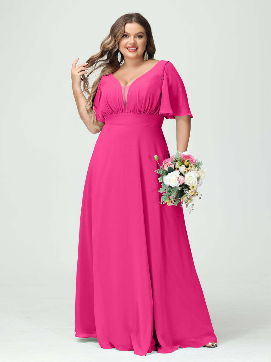 Plus Size Chiffon Bridesmaid Dresses with Pockets in A-Line/Princess V-Neck Half Sleeves