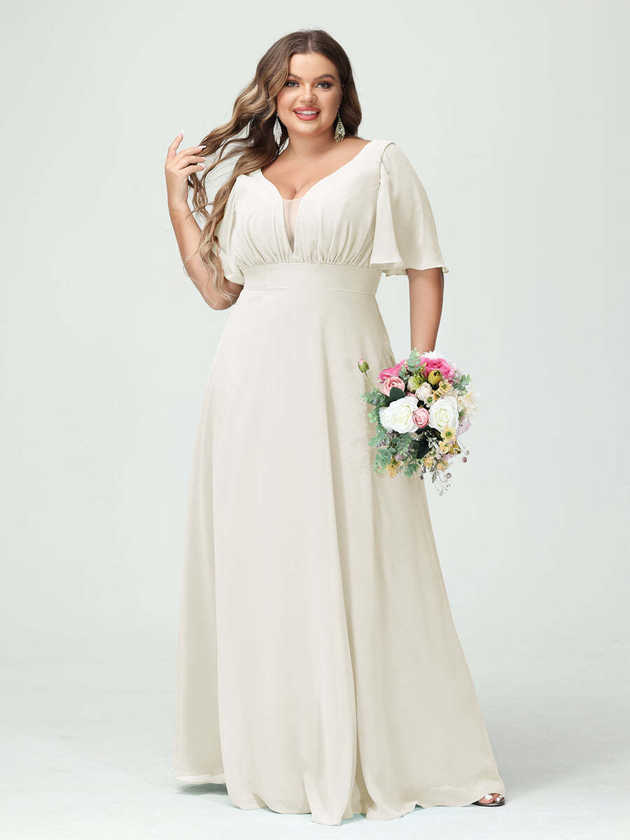 Plus Size Chiffon Bridesmaid Dresses with Pockets in A-Line/Princess V-Neck Half Sleeves