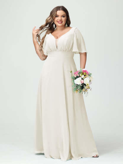 Plus Size Chiffon Bridesmaid Dresses with Pockets in A-Line/Princess V-Neck Half Sleeves