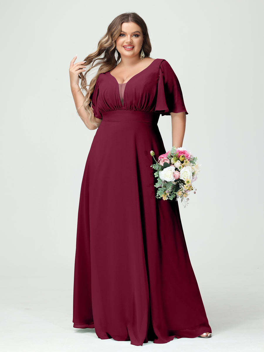 Plus Size Chiffon Bridesmaid Dresses with Pockets in A-Line/Princess V-Neck Half Sleeves