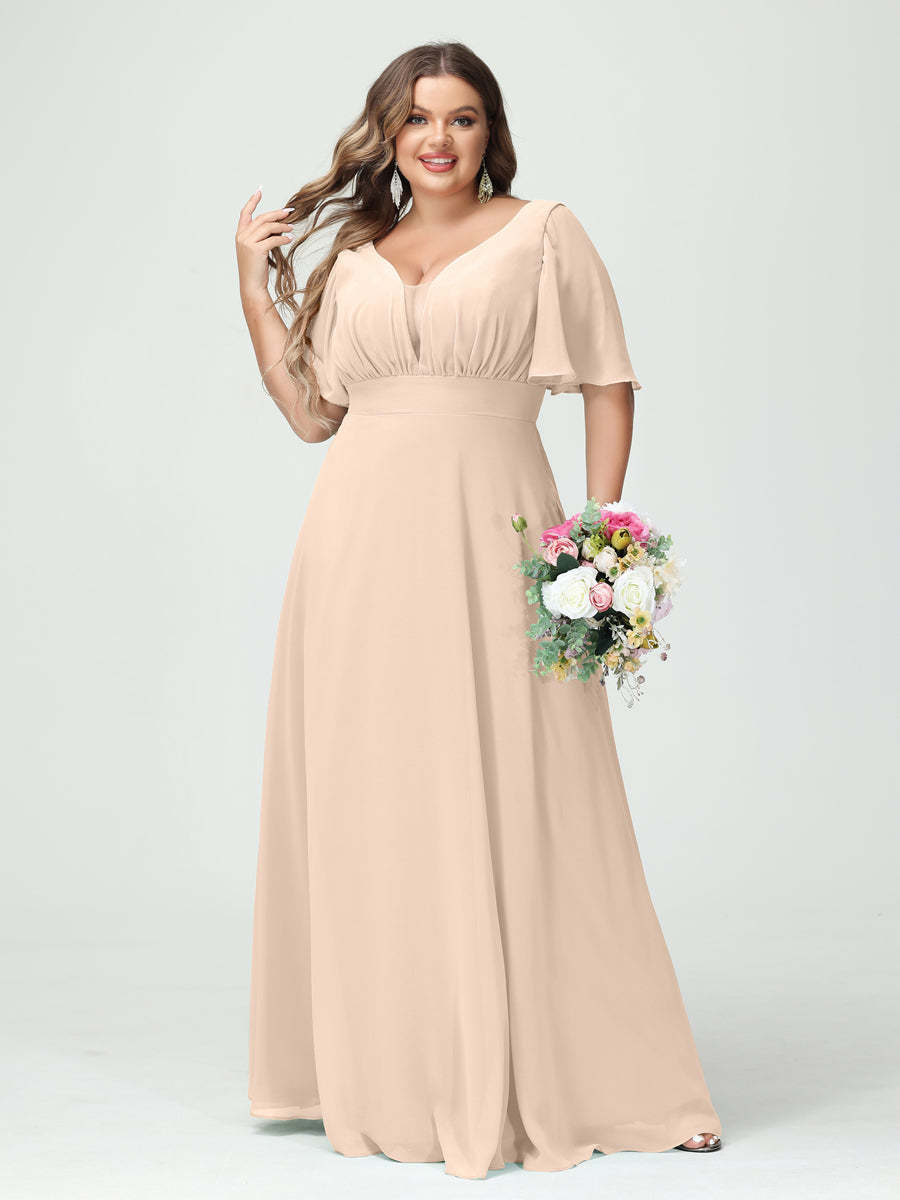 Plus Size Chiffon Bridesmaid Dresses with Pockets in A-Line/Princess V-Neck Half Sleeves