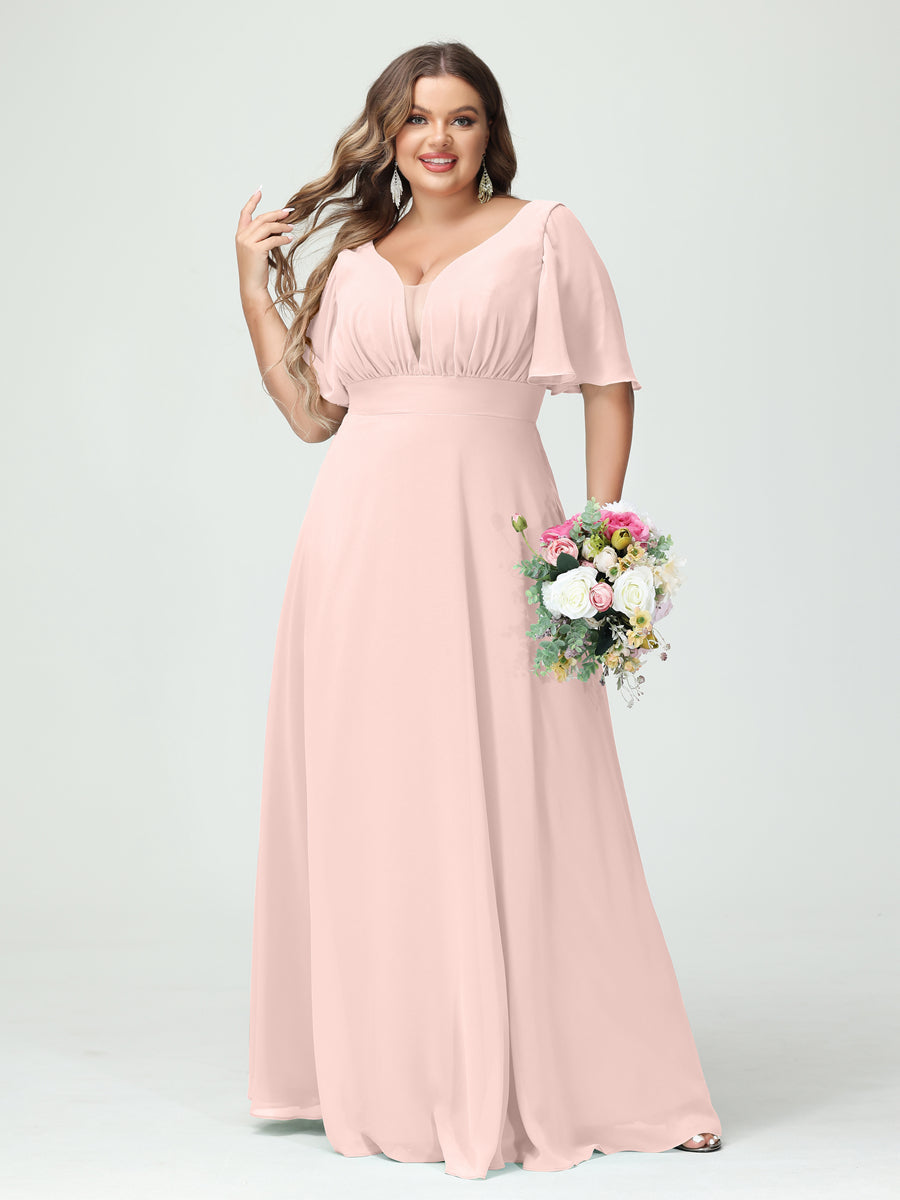 Plus Size Chiffon Bridesmaid Dresses with Pockets in A-Line/Princess V-Neck Half Sleeves