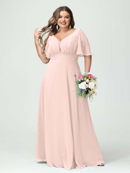 Plus Size Chiffon Bridesmaid Dresses with Pockets in A-Line/Princess V-Neck Half Sleeves