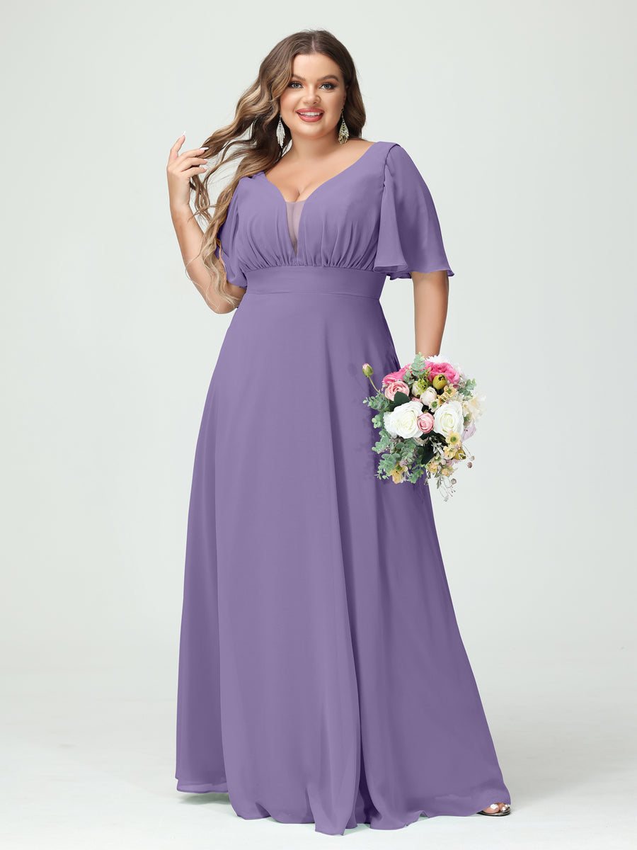 Plus Size Chiffon Bridesmaid Dresses with Pockets in A-Line/Princess V-Neck Half Sleeves