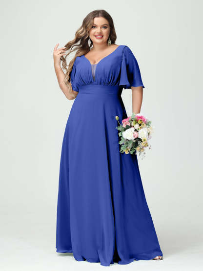 Plus Size Chiffon Bridesmaid Dresses with Pockets in A-Line/Princess V-Neck Half Sleeves