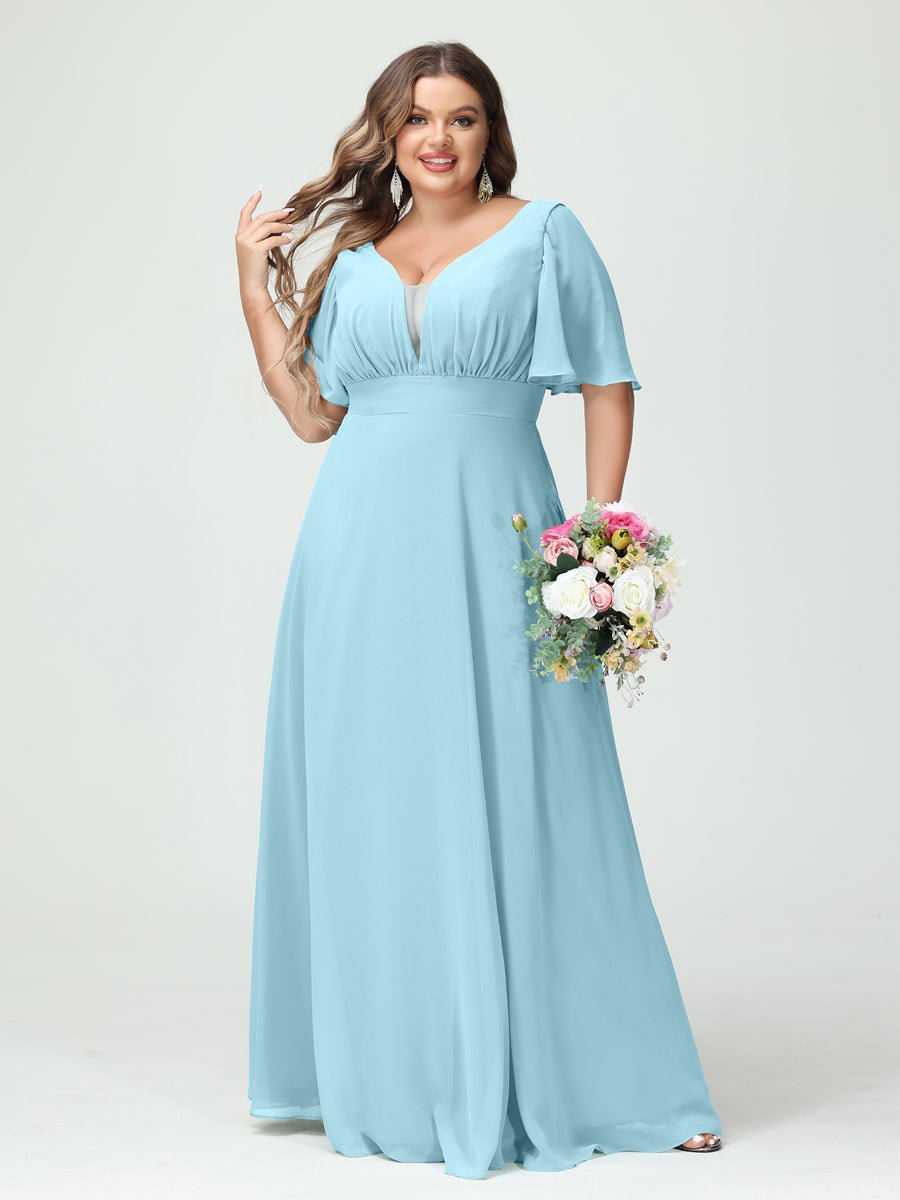 Plus Size Chiffon Bridesmaid Dresses with Pockets in A-Line/Princess V-Neck Half Sleeves
