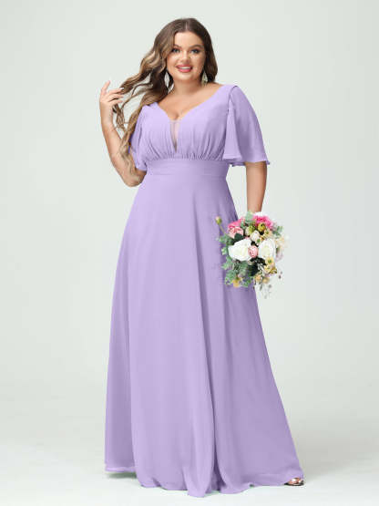 Plus Size Chiffon Bridesmaid Dresses with Pockets in A-Line/Princess V-Neck Half Sleeves