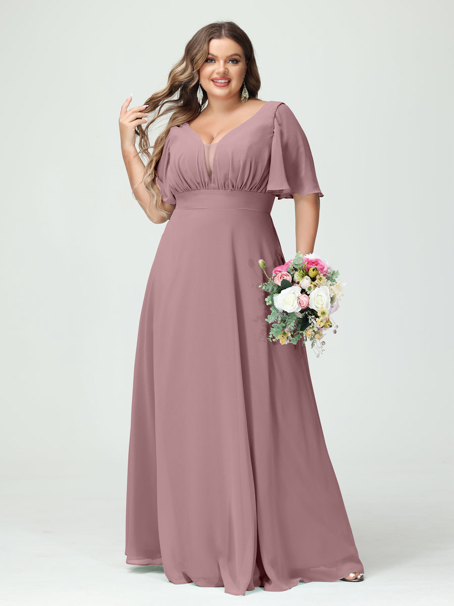 Plus Size Chiffon Bridesmaid Dresses with Pockets in A-Line/Princess V-Neck Half Sleeves