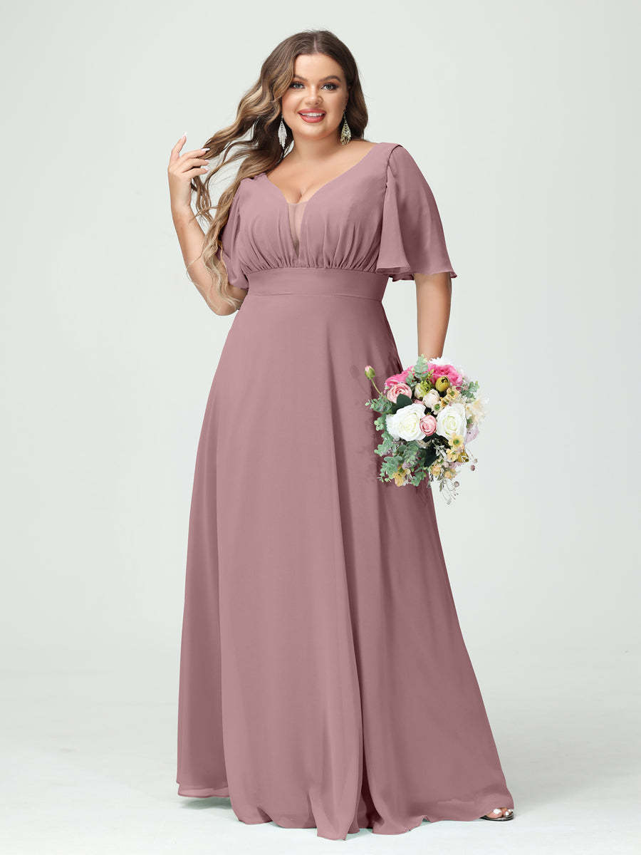 Plus Size Chiffon Bridesmaid Dresses with Pockets in A-Line/Princess V-Neck Half Sleeves