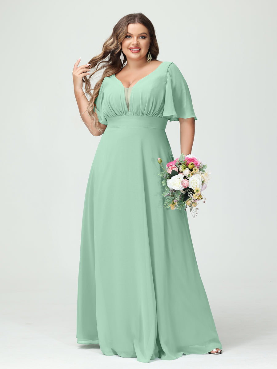 Plus Size Chiffon Bridesmaid Dresses with Pockets in A-Line/Princess V-Neck Half Sleeves