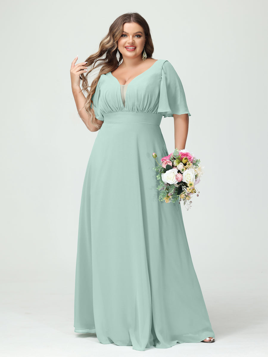 Plus Size Chiffon Bridesmaid Dresses with Pockets in A-Line/Princess V-Neck Half Sleeves