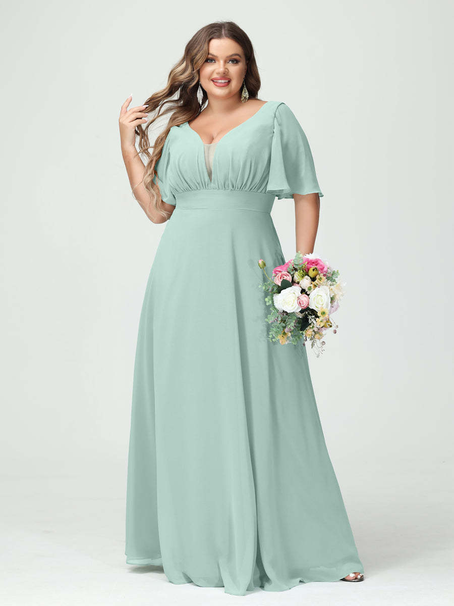 Plus Size Chiffon Bridesmaid Dresses with Pockets in A-Line/Princess V-Neck Half Sleeves