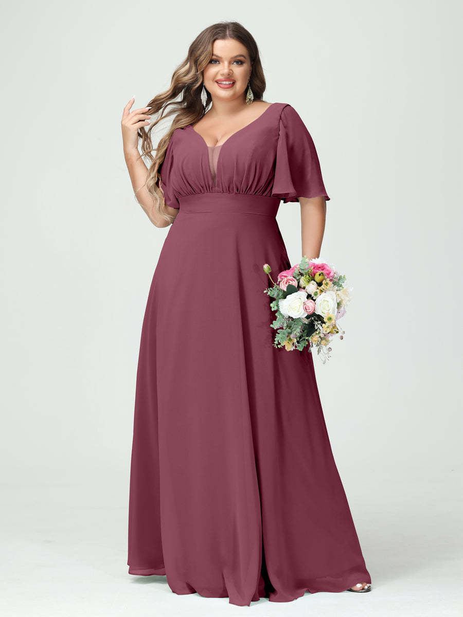 Plus Size Chiffon Bridesmaid Dresses with Pockets in A-Line/Princess V-Neck Half Sleeves