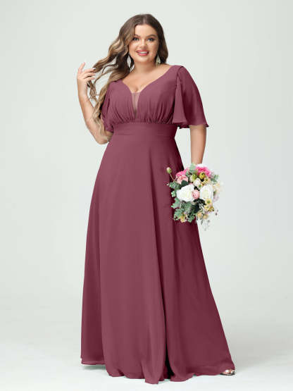 Plus Size Chiffon Bridesmaid Dresses with Pockets in A-Line/Princess V-Neck Half Sleeves