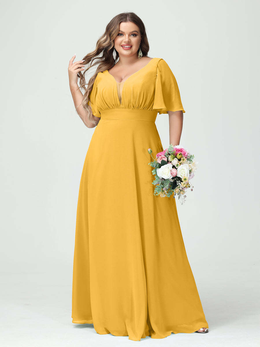 Plus Size Chiffon Bridesmaid Dresses with Pockets in A-Line/Princess V-Neck Half Sleeves