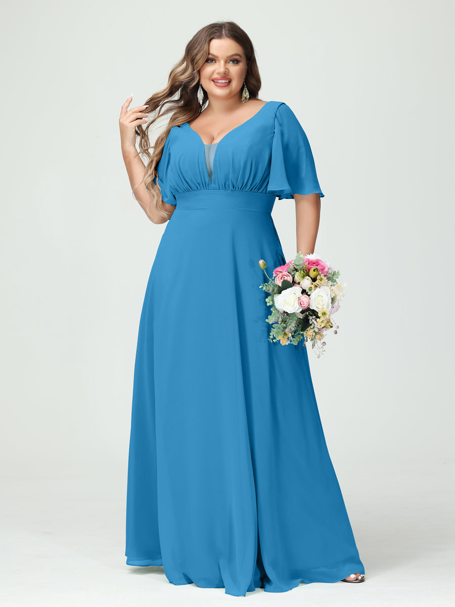 Plus Size Chiffon Bridesmaid Dresses with Pockets in A-Line/Princess V-Neck Half Sleeves