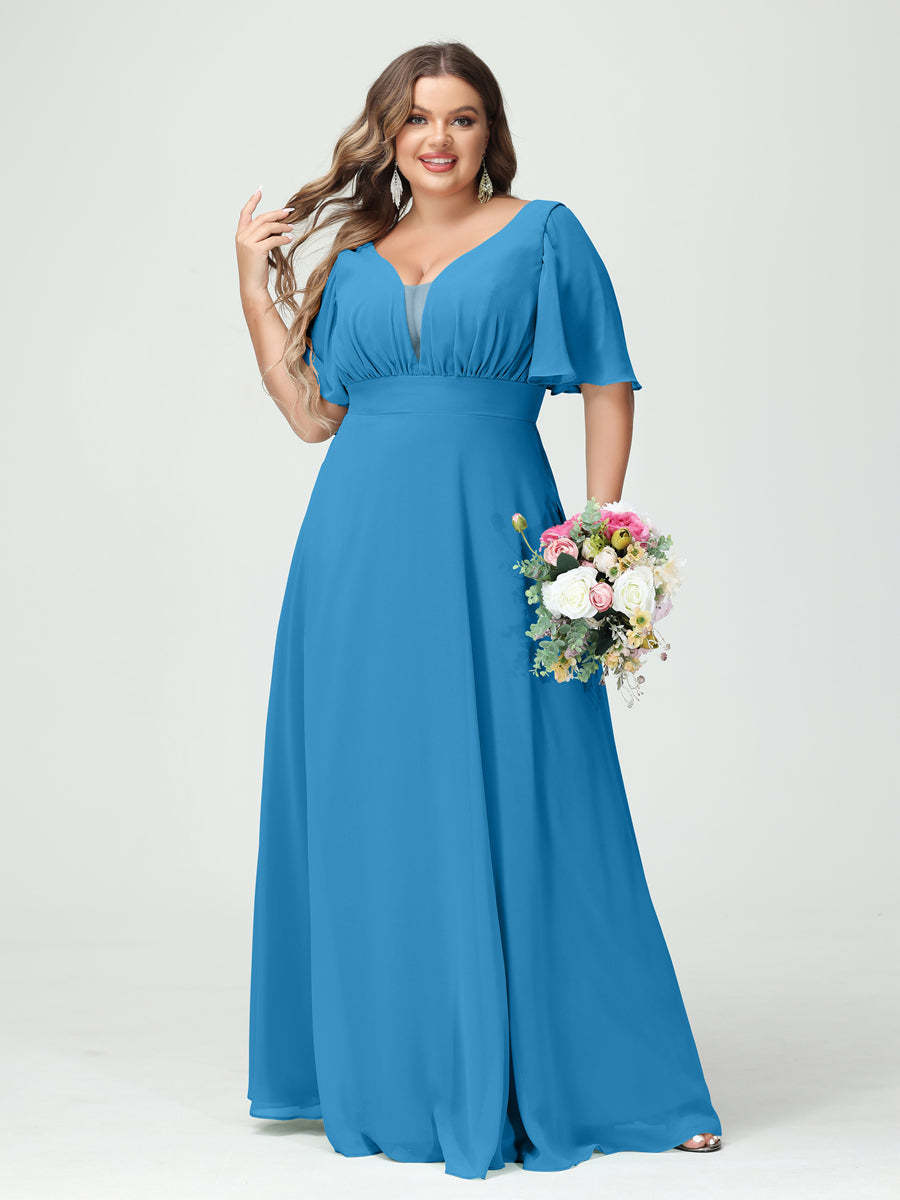 Plus Size Chiffon Bridesmaid Dresses with Pockets in A-Line/Princess V-Neck Half Sleeves