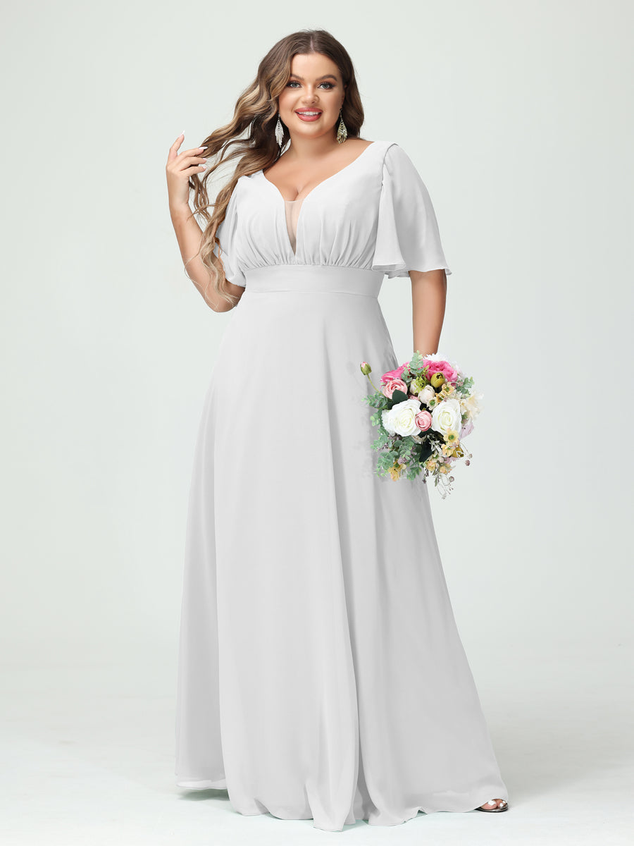 Plus Size Chiffon Bridesmaid Dresses with Pockets in A-Line/Princess V-Neck Half Sleeves