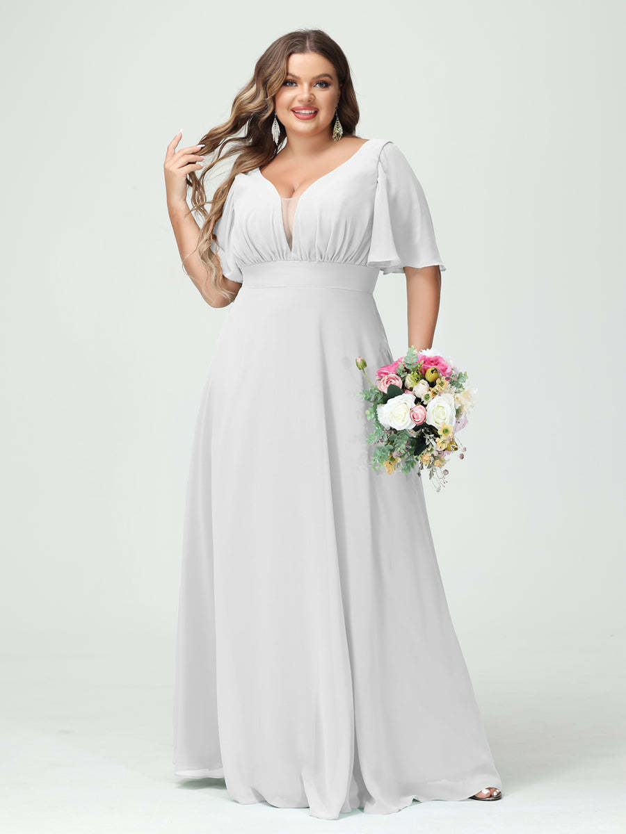Plus Size Chiffon Bridesmaid Dresses with Pockets in A-Line/Princess V-Neck Half Sleeves