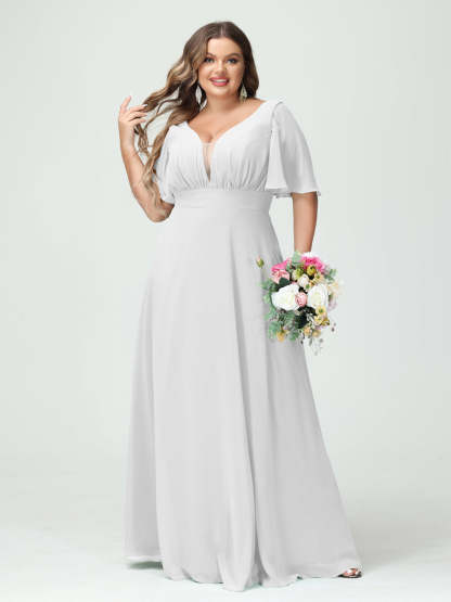 Plus Size Chiffon Bridesmaid Dresses with Pockets in A-Line/Princess V-Neck Half Sleeves