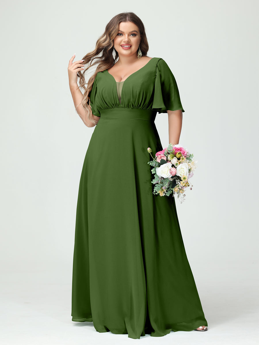 Plus Size Chiffon Bridesmaid Dresses with Pockets in A-Line/Princess V-Neck Half Sleeves
