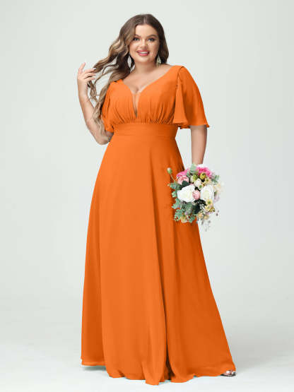 Plus Size Chiffon Bridesmaid Dresses with Pockets in A-Line/Princess V-Neck Half Sleeves