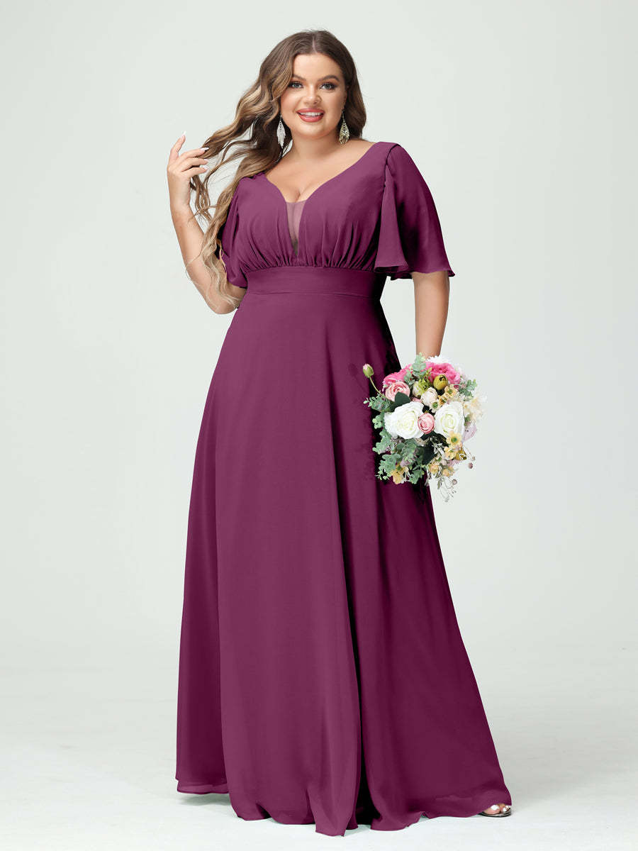 Plus Size Chiffon Bridesmaid Dresses with Pockets in A-Line/Princess V-Neck Half Sleeves