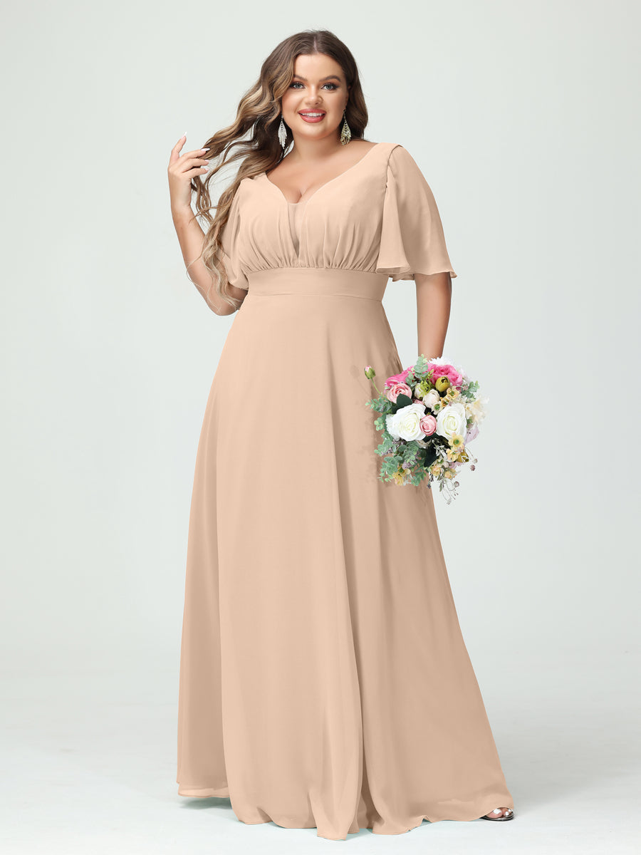 Plus Size Chiffon Bridesmaid Dresses with Pockets in A-Line/Princess V-Neck Half Sleeves